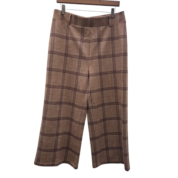NYC Tan and Brown WIDE LEG STRETCHY plaid Fall Trousers L - Picture 2 of 4